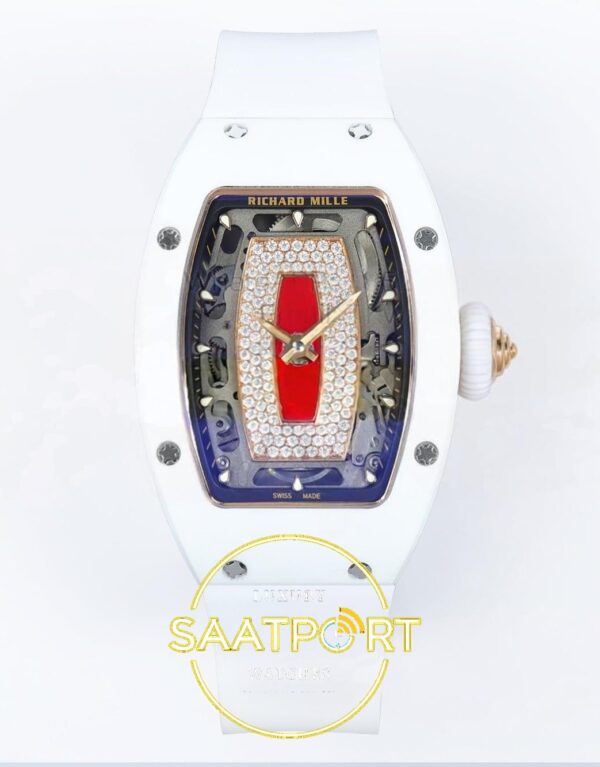 Richard Mille RM07 Ladies White Ceramic ZF Red Dial on ZF Factory 31.5mmx12mm Ön Cephe Kadran ve Kasa Görünümü Super Clone ETA