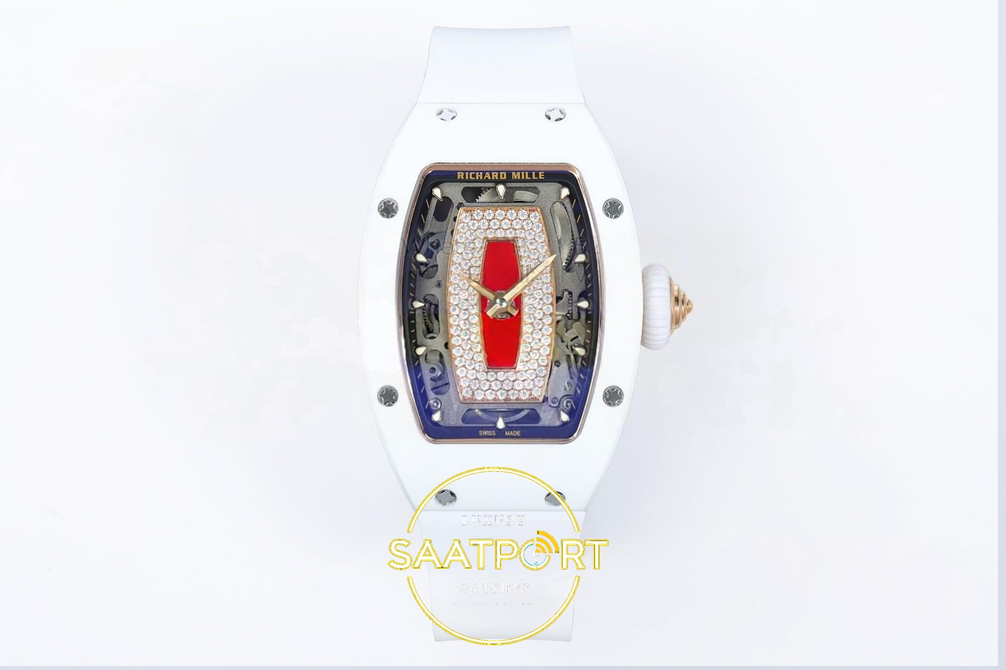 Richard Mille RM07 Ladies White Ceramic ZF Red Dial on 31.5mmx12mm Yüksek Beyaz / Gümüş Kadran ZF Factory Bayan Super Clone ETA Saat - Ön Cephe Kadran ve Kasa Görünümü Richard Mille RM07 Ladies White Ceramic ZF Red Dial on ZF Factory 31.5mmx12mm Ön Cephe Kadran ve Kasa Görünümü Super Clone ETA