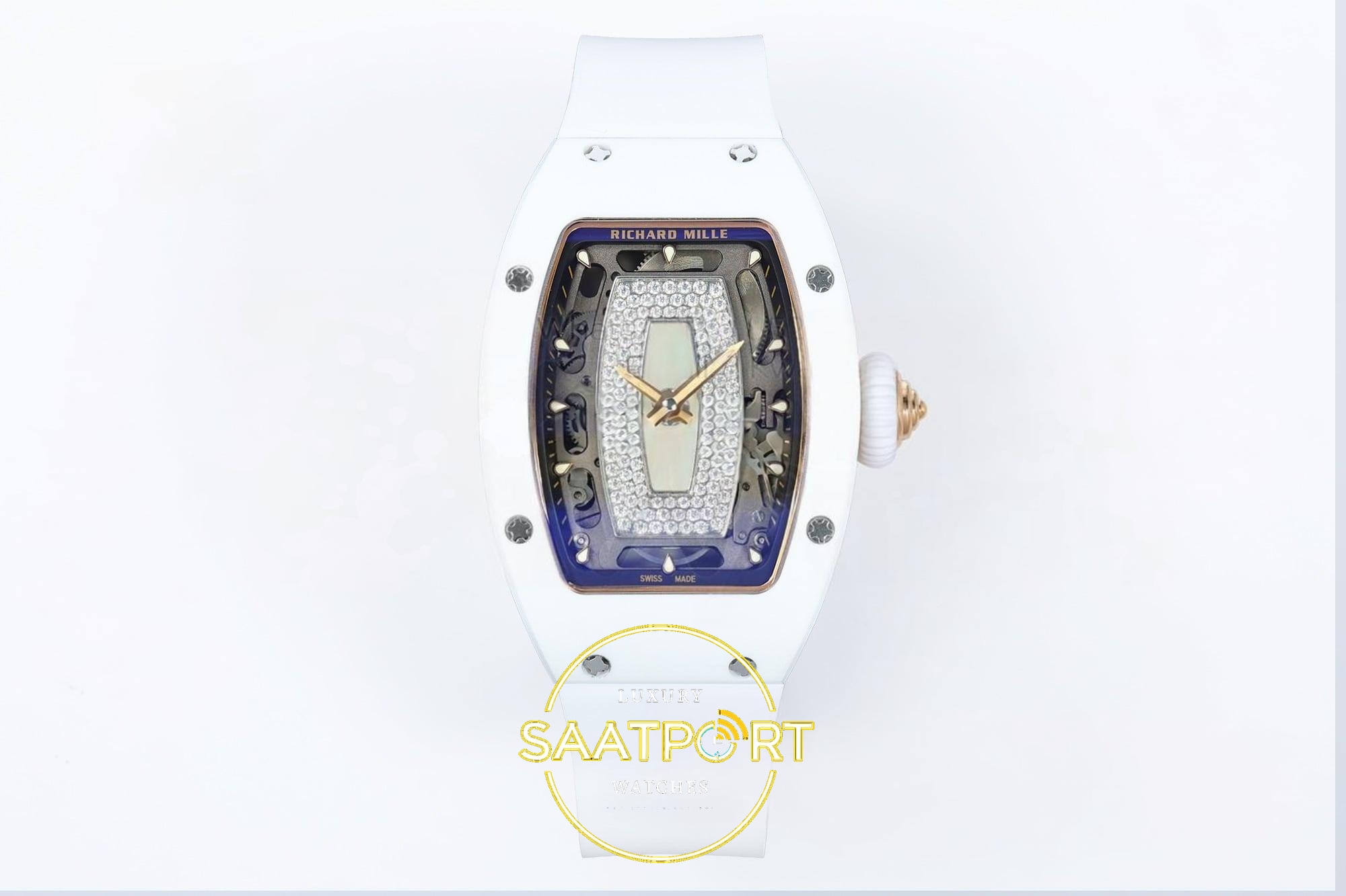 Richard Mille RM07 Ladies White Ceramic ZF White Dial on 31.5mmx12mm Yüksek Beyaz / Gümüş Kadran ZF Factory Bayan Super Clone ETA Saat - Ön Cephe Kadran ve Kasa Görünümü Richard Mille RM07 Ladies White Ceramic ZF White Dial on ZF Factory 31.5mmx12mm Ön Cephe Kadran ve Kasa Görünümü Super Clone ETA
