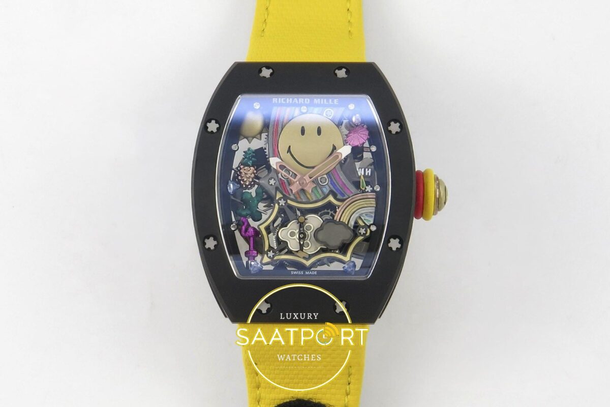 Richard Mille RM88 Tourbillon Smiley Black Ceramic RMF on Yellow ZF Factory 41mmx17mm Ön Cephe Kadran ve Kasa Görünümü Super — Kadran ve Bezel Görünümü