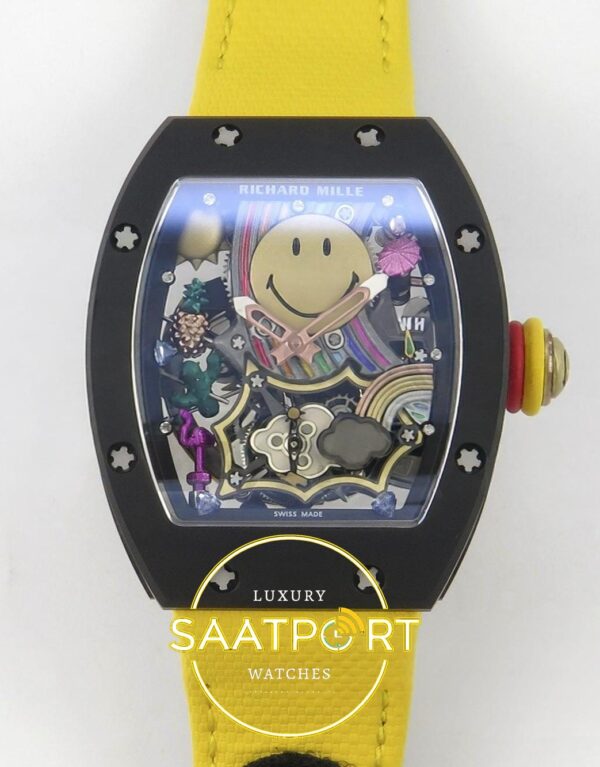 Richard Mille RM88 Tourbillon Smiley Black Ceramic RMF on Yellow ZF Factory 41mmx17mm Ön Cephe Kadran ve Kasa Görünümü Super