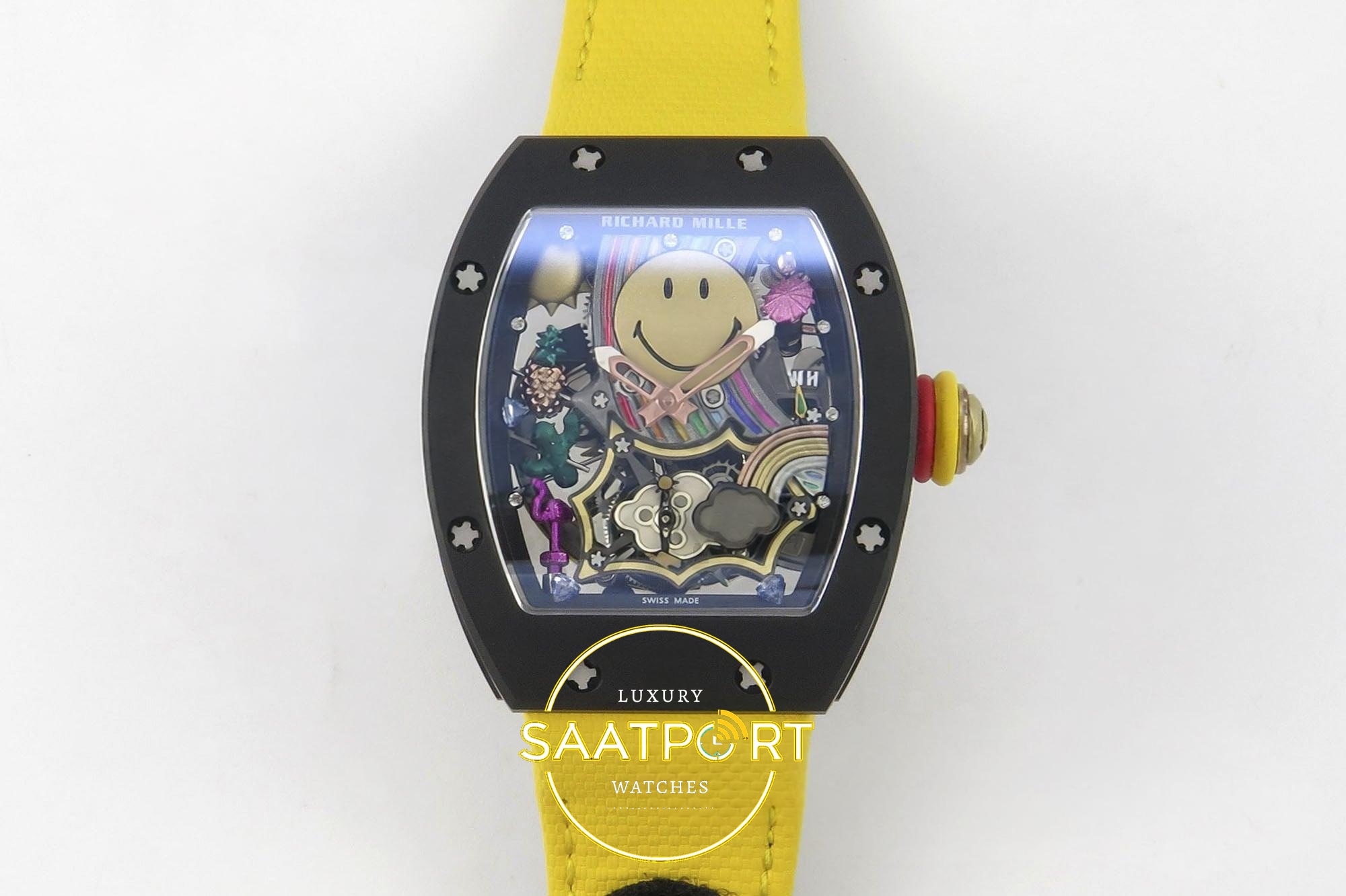 Richard Mille RM88 Tourbillon Smiley Black Ceramic RMF on Yellow 41mmx17mm Yüksek İskelet (Skeleton) Kadran ZF Factory Super Clone ETA Saat - Ön Cephe Kadran ve Kasa Görünümü Richard Mille RM88 Tourbillon Smiley Black Ceramic RMF on Yellow ZF Factory 41mmx17mm Ön Cephe Kadran ve Kasa Görünümü Super