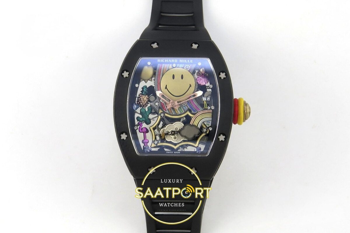 Richard Mille RM88 Tourbillon Smiley Black Ceramic RMF on Black ZF Factory 41mmx17mm Ön Cephe Kadran ve Kasa Görünümü Super Clone — Kadran ve Bezel Görünümü