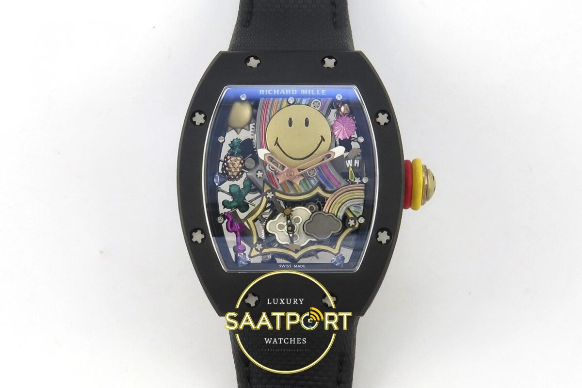 Richard Mille RM88 Tourbillon Smiley Black Ceramic RMF on Black ZF Factory 41mmx17mm Ön Cephe Kadran ve Kasa Görünümü Super Clone — Kadran ve Bezel Görünümü