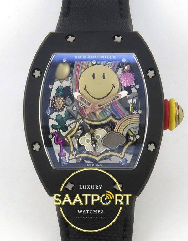 Richard Mille RM88 Tourbillon Smiley Black Ceramic RMF on Black ZF Factory 41mmx17mm Ön Cephe Kadran ve Kasa Görünümü Super Clone