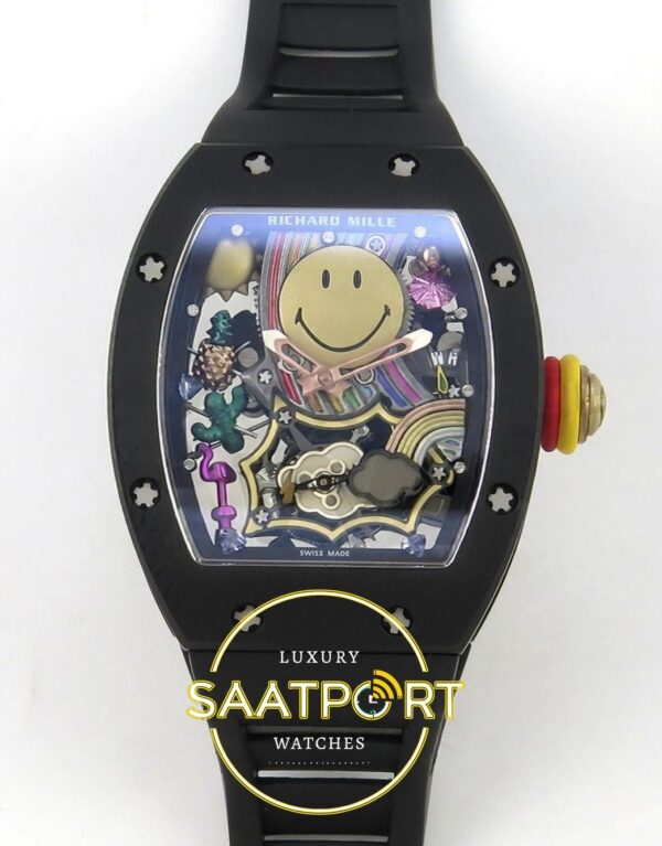 Richard Mille RM88 Tourbillon Smiley Black Ceramic RMF on Black ZF Factory 41mmx17mm Ön Cephe Kadran ve Kasa Görünümü Super Clone