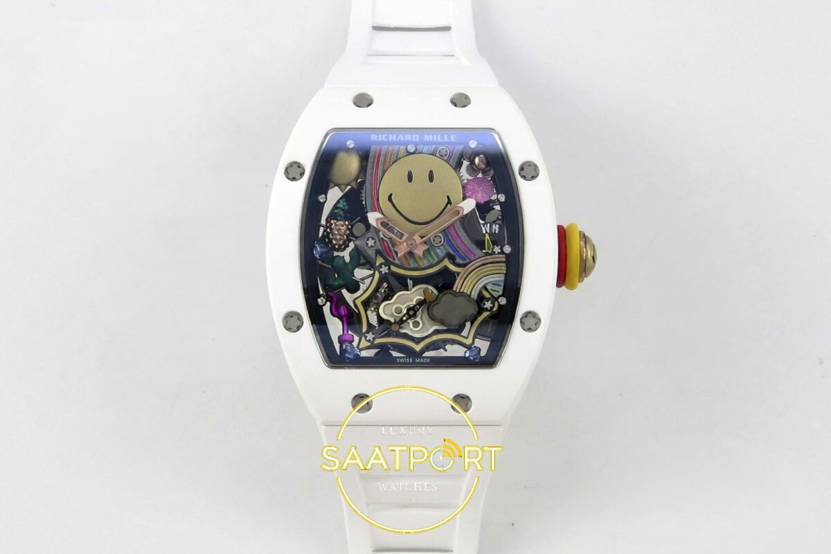 Richard Mille RM88 Tourbillon Smiley White Ceramic RMF on White ZF Factory 41mmx17mm Ön Cephe Kadran ve Kasa Görünümü Super Clone — Kadran ve Bezel Görünümü
