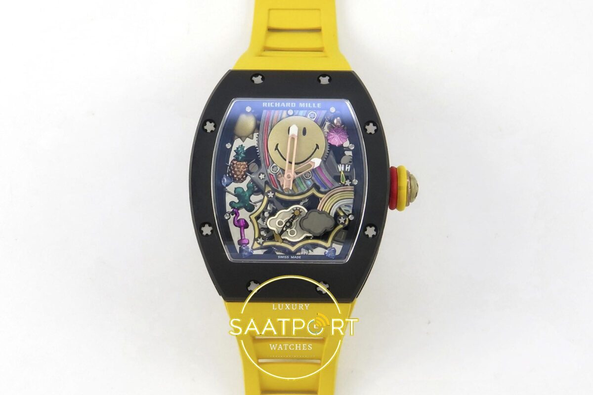 Richard Mille RM88 Tourbillon Smiley White Ceramic RMF on Yellow ZF Factory 41mmx17mm Ön Cephe Kadran ve Kasa Görünümü Super — Kadran ve Bezel Görünümü