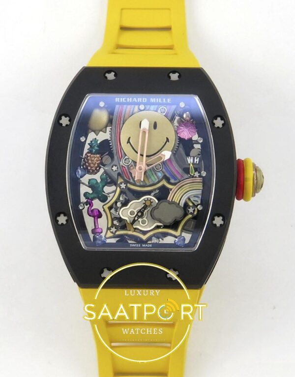 Richard Mille RM88 Tourbillon Smiley White Ceramic RMF on Yellow ZF Factory 41mmx17mm Ön Cephe Kadran ve Kasa Görünümü Super