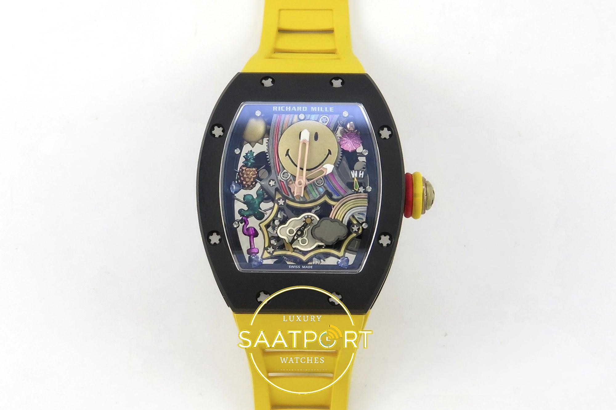 Richard Mille RM88 Tourbillon Smiley White Ceramic RMF on Yellow 41mmx17mm Yüksek İskelet (Skeleton) Kadran ZF Factory Super Clone ETA Saat - Ön Cephe Kadran ve Kasa Görünümü Richard Mille RM88 Tourbillon Smiley White Ceramic RMF on Yellow ZF Factory 41mmx17mm Ön Cephe Kadran ve Kasa Görünümü Super