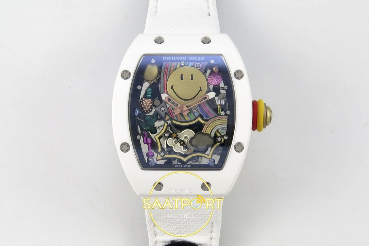 Richard Mille RM88 Tourbillon Smiley White Ceramic RMF on White ZF Factory 41mmx17mm Ön Cephe Kadran ve Kasa Görünümü Super Clone — Kadran ve Bezel Görünümü