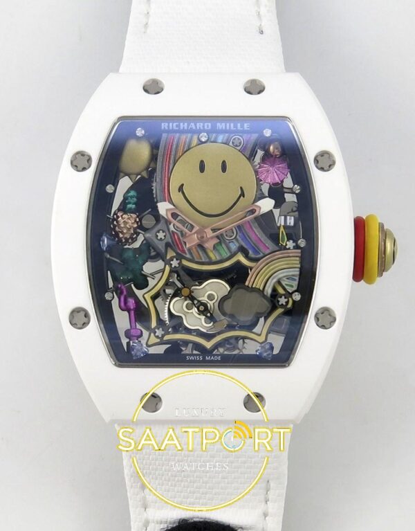 Richard Mille RM88 Tourbillon Smiley White Ceramic RMF on White ZF Factory 41mmx17mm Ön Cephe Kadran ve Kasa Görünümü Super Clone