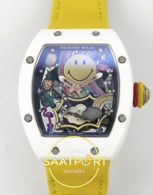 Richard Mille RM88 Tourbillon Smiley White Ceramic RMF on Yellow ZF Factory 41mmx17mm Ön Cephe Kadran ve Kasa Görünümü Super — Kadran ve Bezel Görünümü