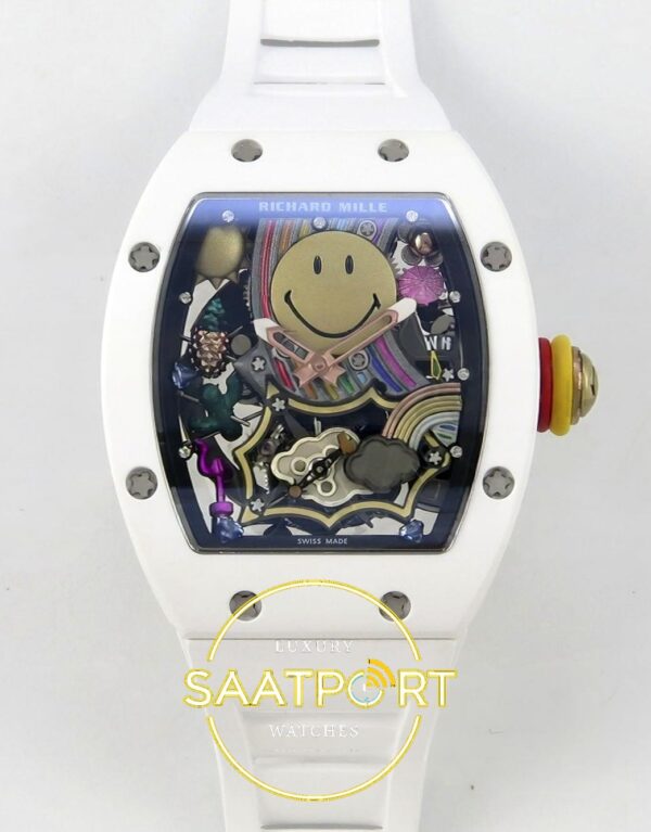 Richard Mille RM88 Tourbillon Smiley White Ceramic RMF on White ZF Factory 41mmx17mm Ön Cephe Kadran ve Kasa Görünümü Super Clone