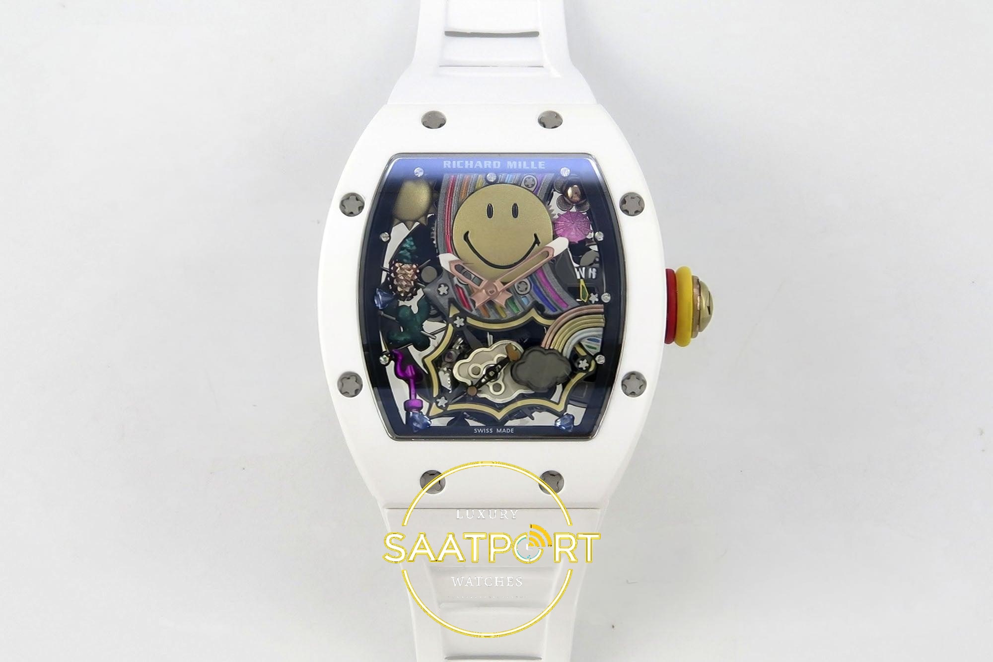 Richard Mille RM88 Tourbillon Smiley White Ceramic RMF on White 41mmx17mm Yüksek İskelet (Skeleton) Kadran ZF Factory Super Clone ETA Saat - Ön Cephe Kadran ve Kasa Görünümü Richard Mille RM88 Tourbillon Smiley White Ceramic RMF on White ZF Factory 41mmx17mm Ön Cephe Kadran ve Kasa Görünümü Super Clone