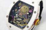 Richard Mille RM88 Tourbillon Smiley White Ceramic RMF on White ZF Factory 41mmx17mm Sağ 45 Derece Çapraz Kasa ve Kurma Tepesi — Kadran ve Bezel Görünümü