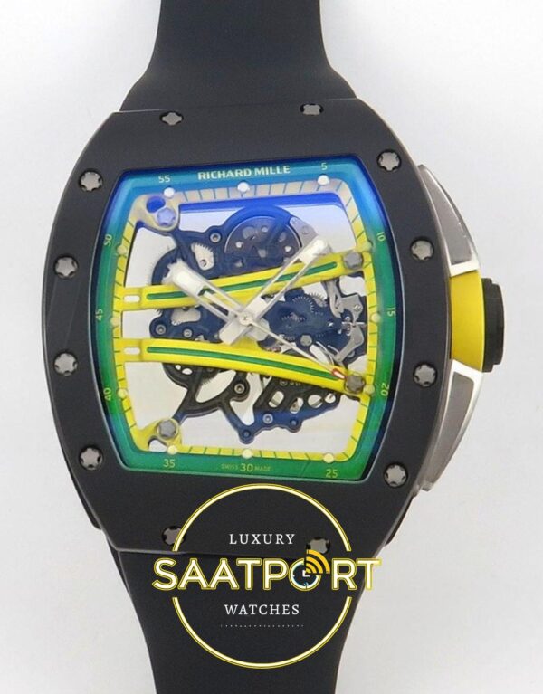 Richard Mille ZGF Custom Made RM061 Black Ceramic Green Inner ZF Factory 43mmx15mm Ön Cephe Kadran ve Kasa Görünümü Super Clone