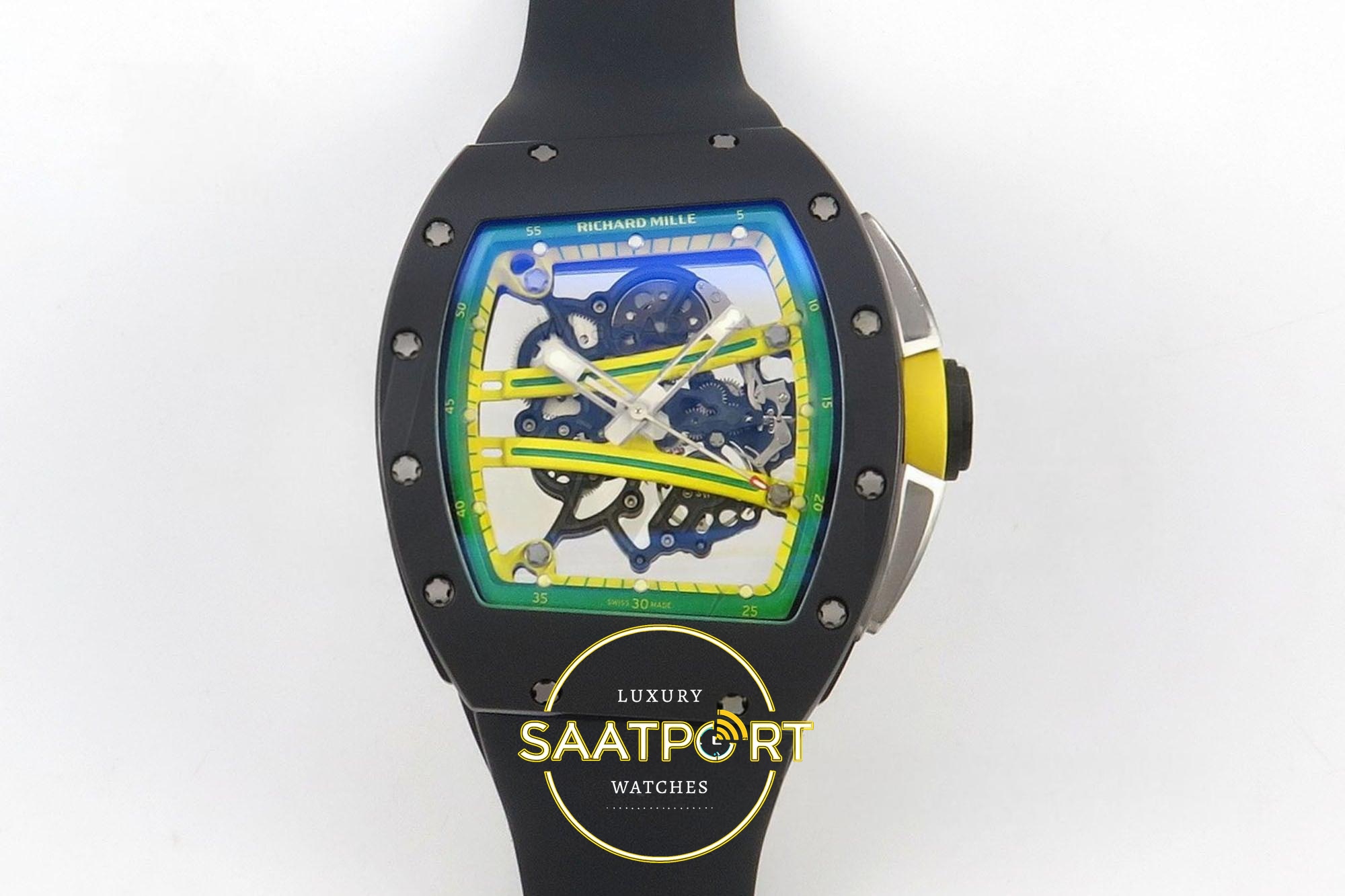 Richard Mille ZGF Custom Made RM061 Black Ceramic Green Inner 43mmx15mm Yüksek Yeşil Kadran ZF Factory Super Clone ETA Saat - Ön Cephe Kadran ve Kasa Görünümü Richard Mille ZGF Custom Made RM061 Black Ceramic Green Inner ZF Factory 43mmx15mm Ön Cephe Kadran ve Kasa Görünümü Super Clone