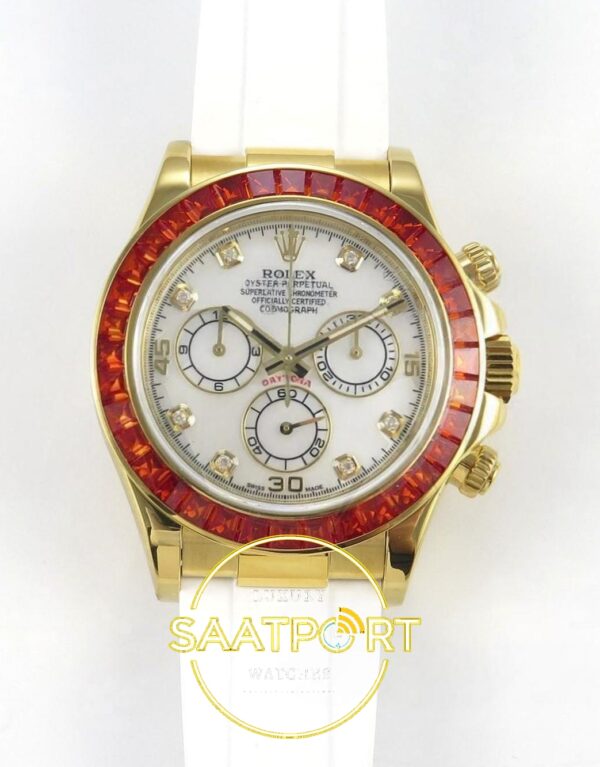 Rolex Daytona 116578SACO “Orange Sapphire” SONIC White Dial on SONIC Factory 40mmx12.5mm Ön Cephe Kadran ve Kasa Görünümü Super