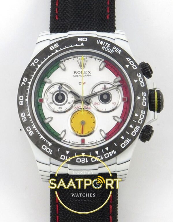 Rolex Daytona DIW Porsche 911 S/T White Carbon SONIC SONIC Factory 40mmx12.5mm Ön Cephe Kadran ve Kasa Görünümü Super Clone ETA