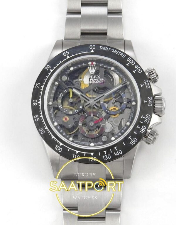 Rolex Daytona Montoya SONIC Carbon Bezel Skeleton Dial on SONIC Factory 40mmx12.2mm Ön Cephe Kadran ve Kasa Görünümü Super Clone