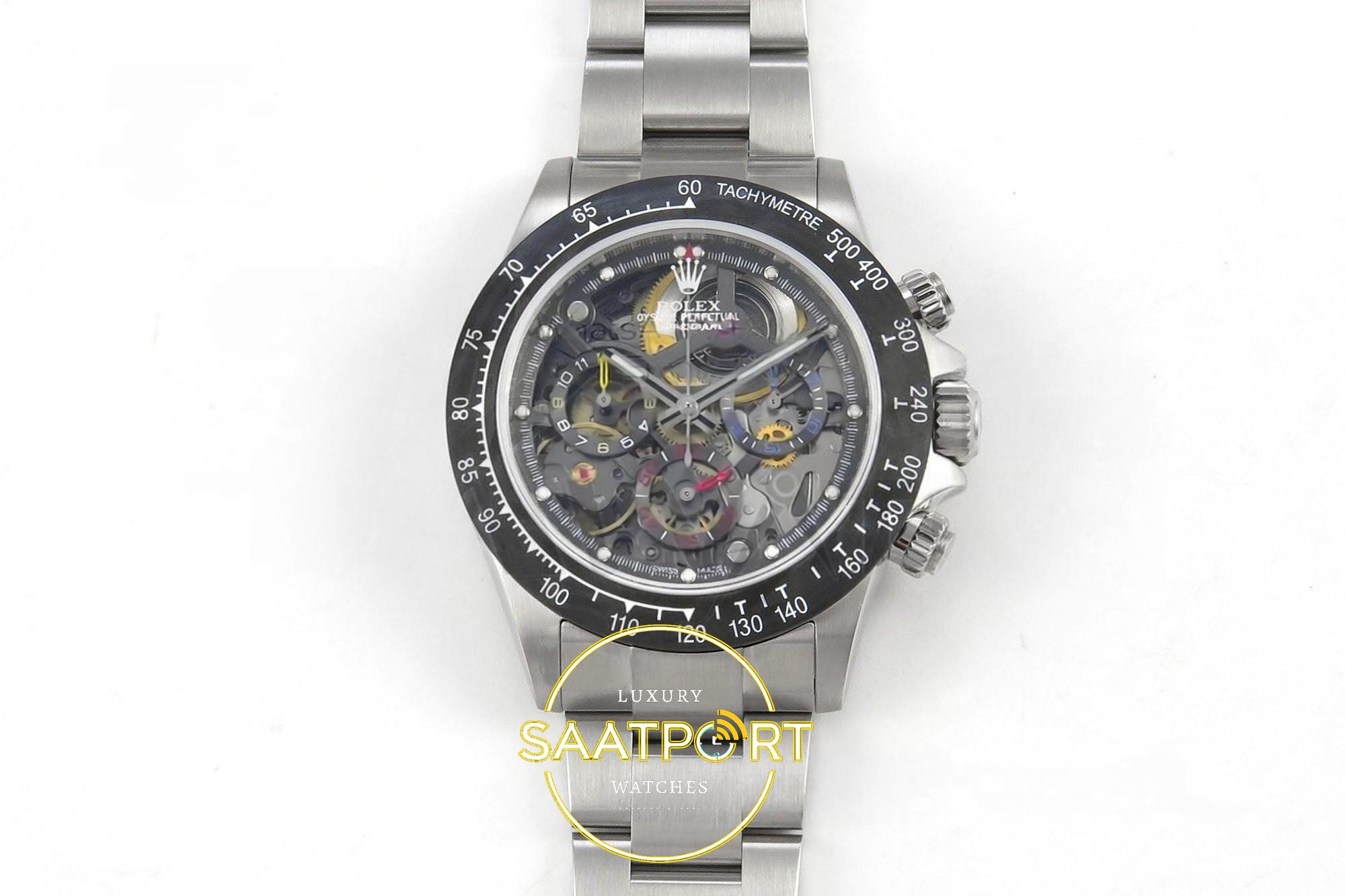 Rolex Daytona Montoya SONIC Carbon Bezel Skeleton Dial on 40mmx12.2mm NTPT İskelet (Skeleton) Kadran SONIC Factory Super Clone ETA Saat - Ön Cephe Kadran ve Kasa Görünümü Rolex Daytona Montoya SONIC Carbon Bezel Skeleton Dial on SONIC Factory 40mmx12.2mm Ön Cephe Kadran ve Kasa Görünümü Super Clone