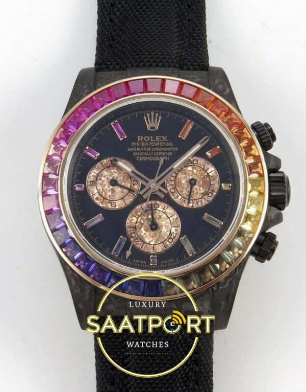 Rolex Daytona SONIC Black Ceramic Case Black Rainbow Dial SONIC Factory 40mmx12.5mm Ön Cephe Kadran ve Kasa Görünümü Super Clone