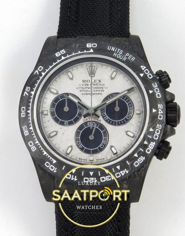 Rolex Daytona SONIC Carbon Case and Bezel Meteorite Stick SONIC Factory 40mmx12.5mm Ön Cephe Kadran ve Kasa Görünümü Super Clone