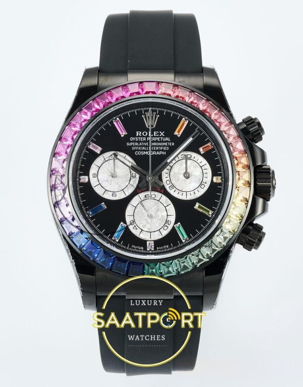 Rolex Daytona SONIC RXF Colored diamond bezel Black dial SONIC Factory 40mmx12.5mm Ön Cephe Kadran ve Kasa Görünümü Super Clone