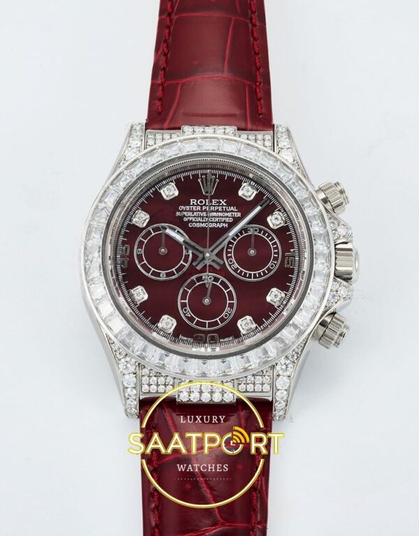 Rolex Daytona SONIC RXF Deep red Diamond bezel, diamond SONIC Factory 40mmx12.5mm Ön Cephe Kadran ve Kasa Görünümü Super Clone