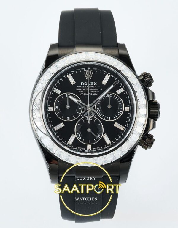 Rolex Daytona SONIC RXF Diamond bezel Black dial DD4801 SONIC Factory 40mmx12.5mm Ön Cephe Kadran ve Kasa Görünümü Super Clone