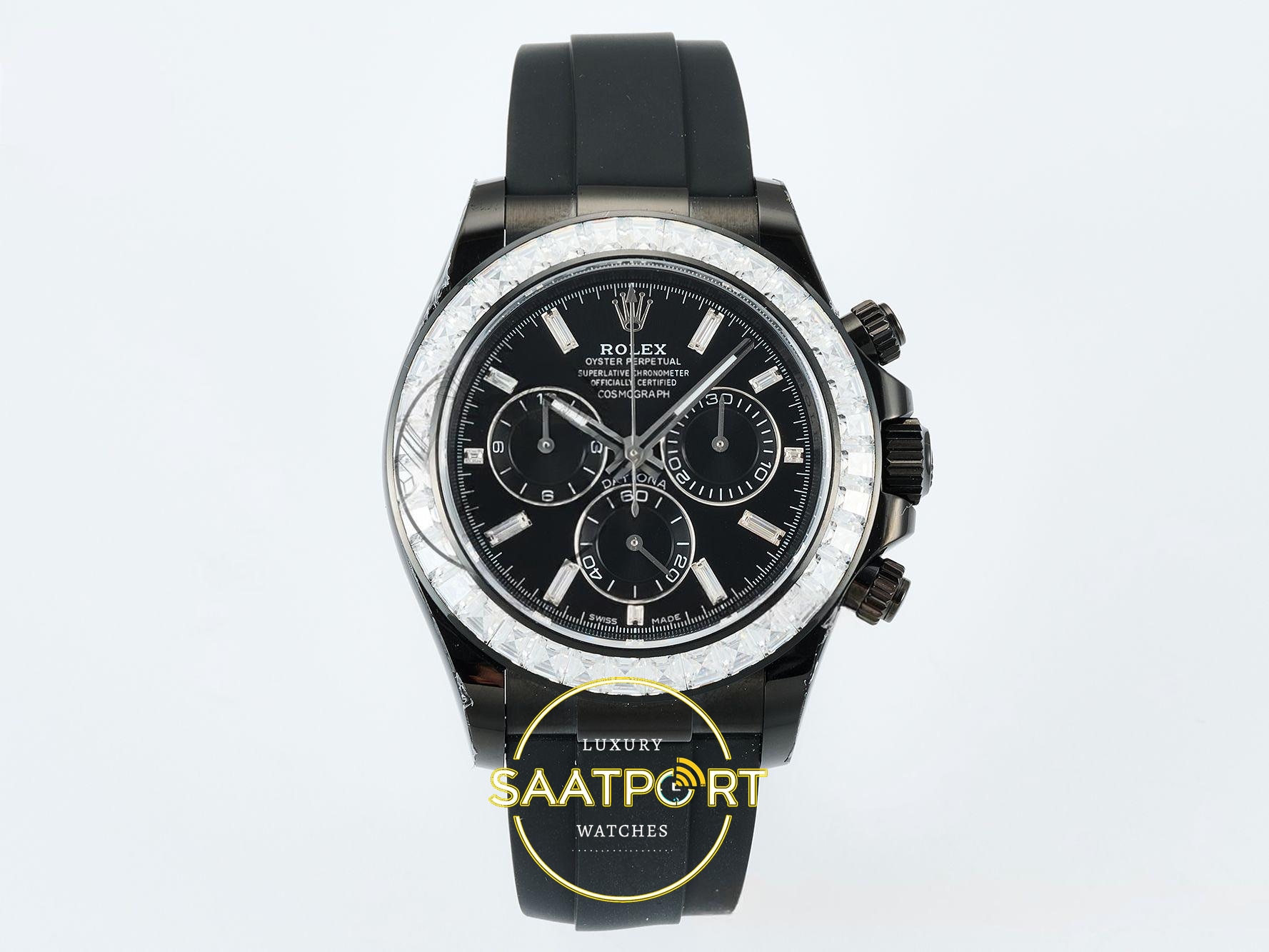 Rolex Daytona SONIC RXF Diamond bezel Black dial DD4801 40mmx12.5mm 904L Siyah Kadran SONIC Factory Super Clone ETA Saat - Ön Cephe Kadran ve Kasa Görünümü Rolex Daytona SONIC RXF Diamond bezel Black dial DD4801 SONIC Factory 40mmx12.5mm Ön Cephe Kadran ve Kasa Görünümü Super Clone