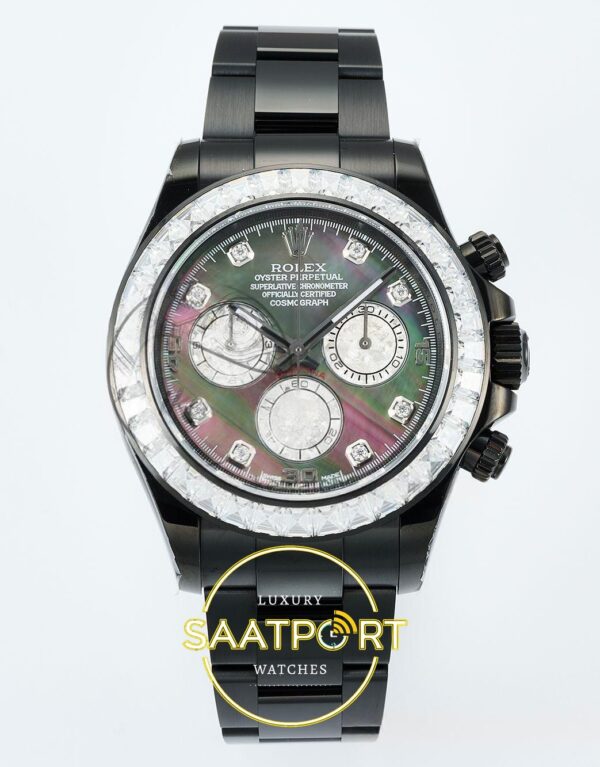 Rolex Daytona SONIC RXF Diamond bezel Multicolor dial Black SONIC Factory 40mmx12.5mm Ön Cephe Kadran ve Kasa Görünümü Super