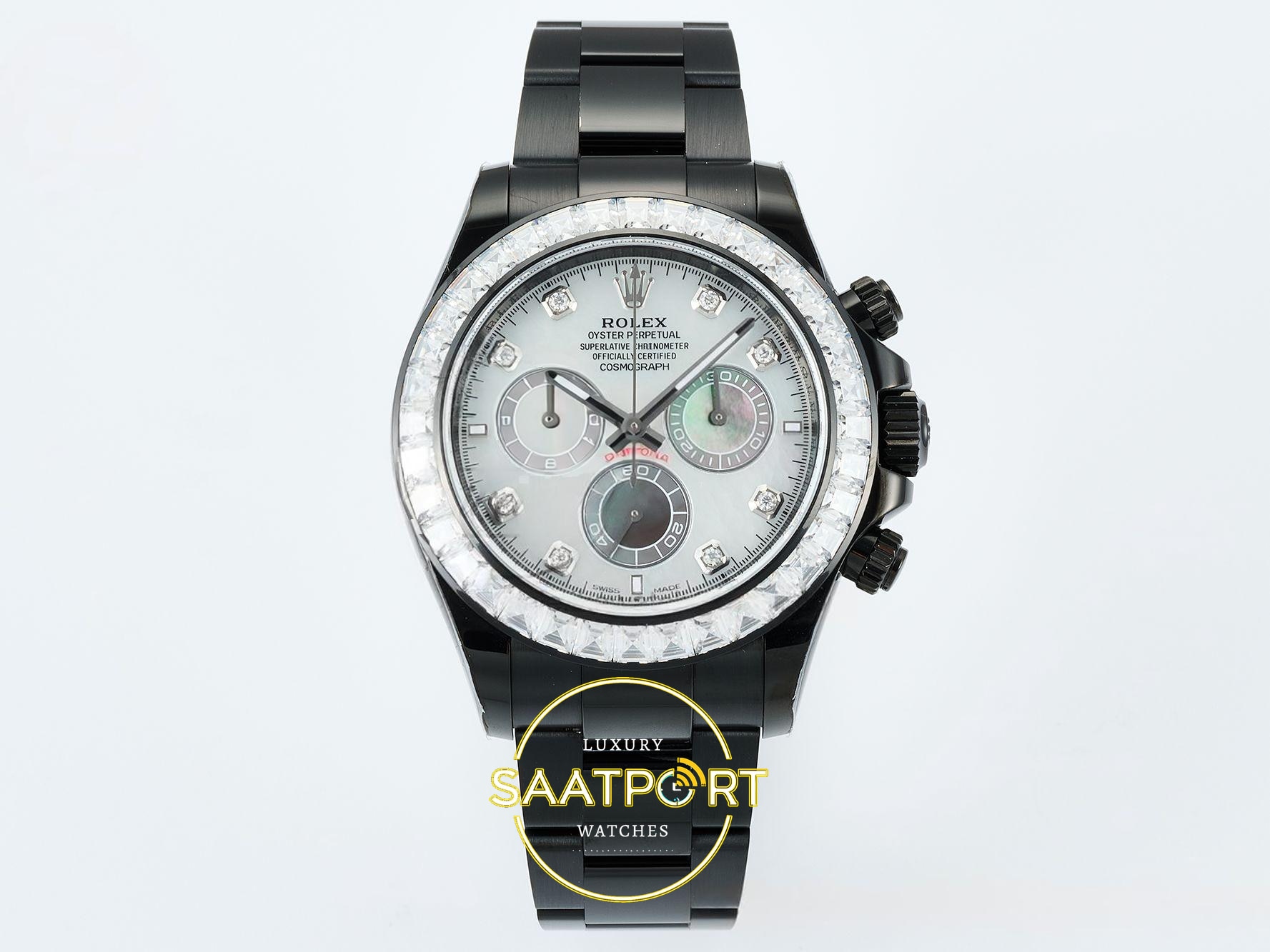 Rolex Daytona SONIC RXF Diamond bezel Pearl mother pearl 40mmx12.5mm 904L Siyah Kadran SONIC Factory Super Clone ETA Saat - Ön Cephe Kadran ve Kasa Görünümü Rolex Daytona SONIC RXF Diamond bezel Pearl mother pearl SONIC Factory 40mmx12.5mm Ön Cephe Kadran ve Kasa Görünümü Super Clone