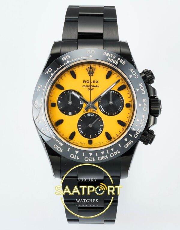 Rolex Daytona SONIC RXF Electroplated black bezel yellow dial SONIC Factory 40mmx12.5mm Ön Cephe Kadran ve Kasa Görünümü Super
