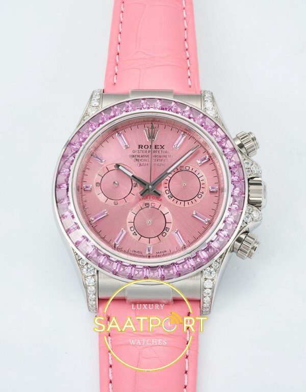 Rolex Daytona SONIC RXF Pink diamond bezel Pink dial SONIC Factory 40mmx12.5mm Ön Cephe Kadran ve Kasa Görünümü Super Clone ETA
