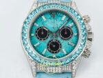 Rolex Daytona SONIC RXF Turquoise dial Diamond bezel diamond SONIC Factory 40mmx12.5mm Kadran İndeks ve İbre Detay Yakın Çekim — Kadran ve Bezel Görünümü