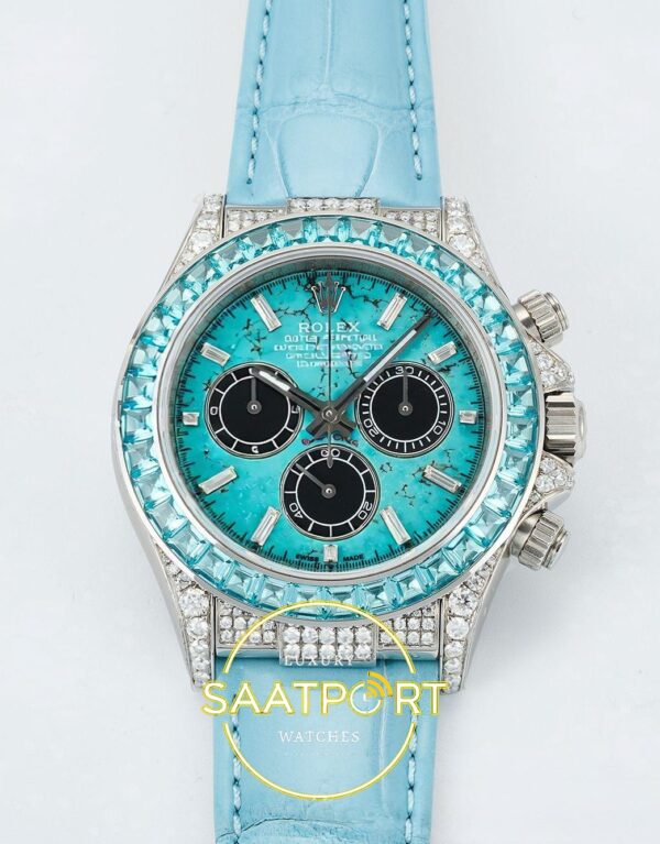 Rolex Daytona SONIC RXF Turquoise dial Diamond bezel diamond SONIC Factory 40mmx12.5mm Ön Cephe Kadran ve Kasa Görünümü Super