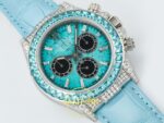 Rolex Daytona SONIC RXF Turquoise dial Diamond bezel diamond SONIC Factory 40mmx12.5mm Sağ 45 Derece Çapraz Kasa ve Kurma Tepesi — Kadran ve Bezel Görünümü