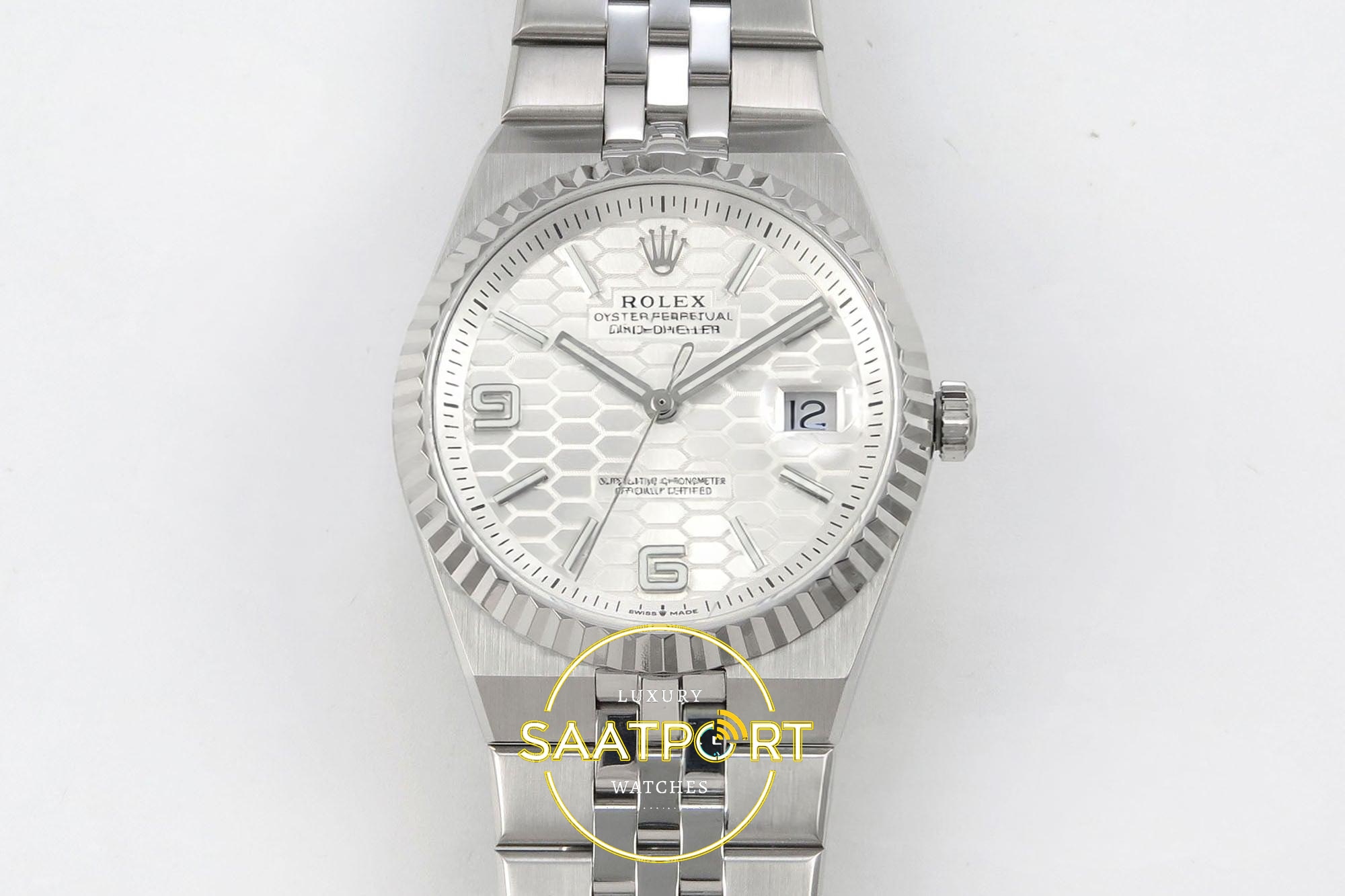 Rolex Land Dweller 127334 DIWF White Textured Dial on 40mmx10.3mm 904L Beyaz / Gümüş Kadran ZF Factory Super Clone ETA Saat - Ön Cephe Kadran ve Kasa Görünümü Rolex Land Dweller 127334 DIWF White Textured Dial on ZF Factory 40mmx10.3mm Ön Cephe Kadran ve Kasa Görünümü Super Clone ETA Saat