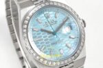 Rolex Land Dweller 127335 2F Ice Blue Textured Dial ZF Factory 40mmx10.3mm Sol 45 Derece Çapraz Kasa ve Bezel Profili Super Clone — Kadran ve Bezel Görünümü