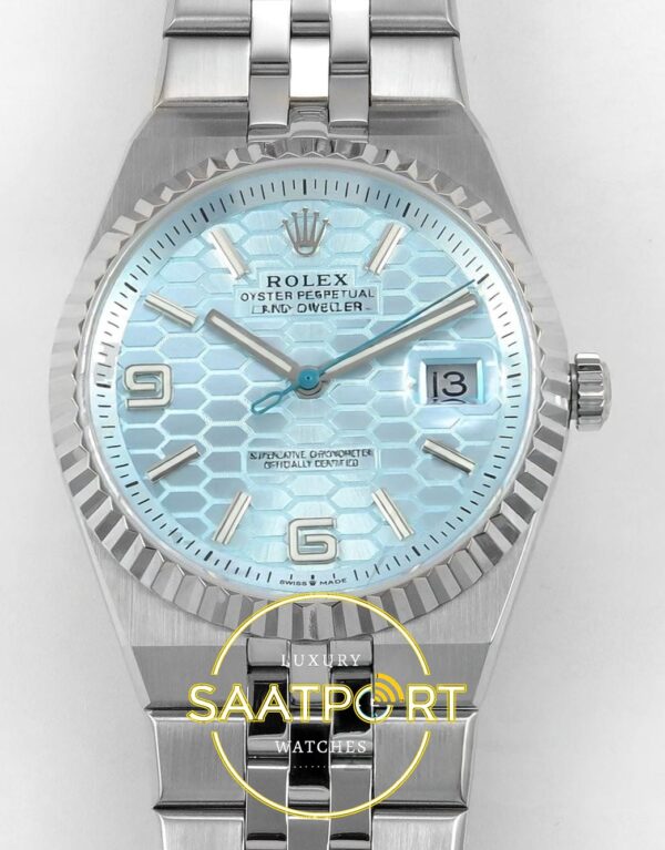 Rolex Land Dweller 127336 DIWF Ice Blue Textured Dial ZF Factory 40mmx10.3mm Ön Cephe Kadran ve Kasa Görünümü Super Clone ETA Saat