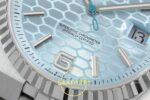 Rolex Land Dweller 127336 DIWF Ice Blue Textured Dial ZF Factory 40mmx10.3mm Yatay Kasa, Bezel ve Kordon Bütünlüğü Super Clone — Kadran ve Bezel Görünümü